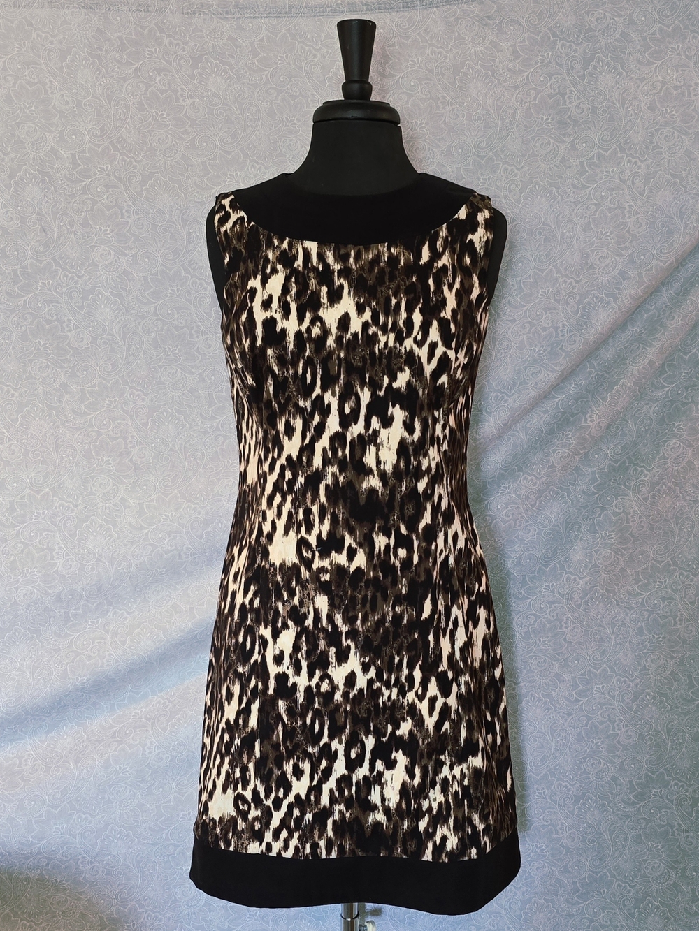 AB Studio Leopard Print Shift Dress Size 8 Colorblock Trim Sleeveless Back Zip